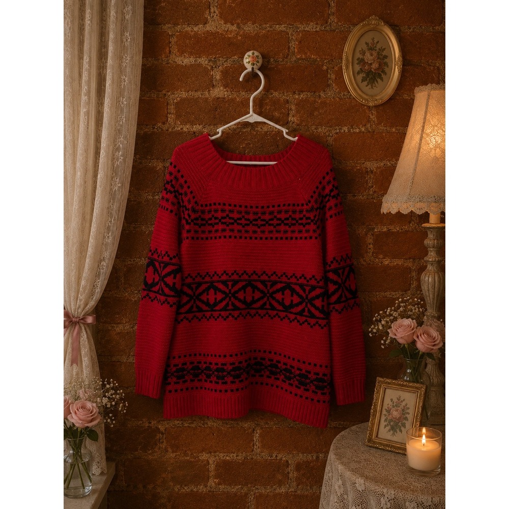 VTG Chaps Womens Red Black Nordic Fair Isle Geometric Knit Tunic Long Sweater M